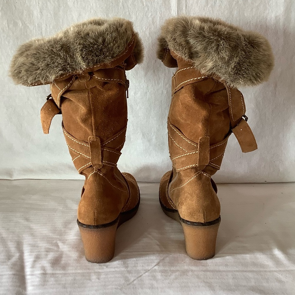 Suede wedge heel boot faux fur top size 7 - Picture 4 of 10
